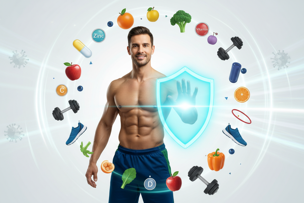 Man in athletic wear surrounded by health and fitness icons on a light gray background