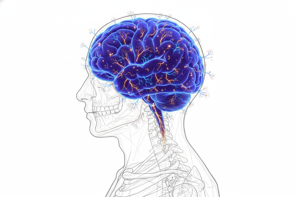 Illustration of a human head with a highlighted brain showing neural connections.