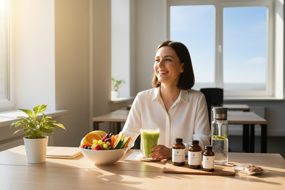 Woman sitting at a table with a bowl of fruit, a glass of green juice, and various bottles in a bright room.