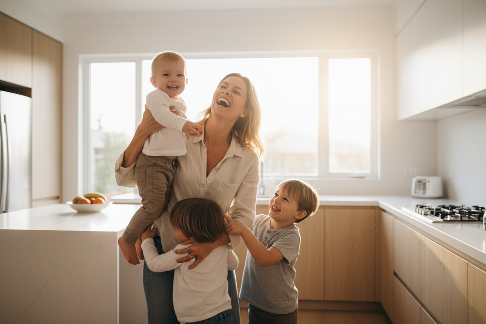 Woman playing with children in a modern kitchen