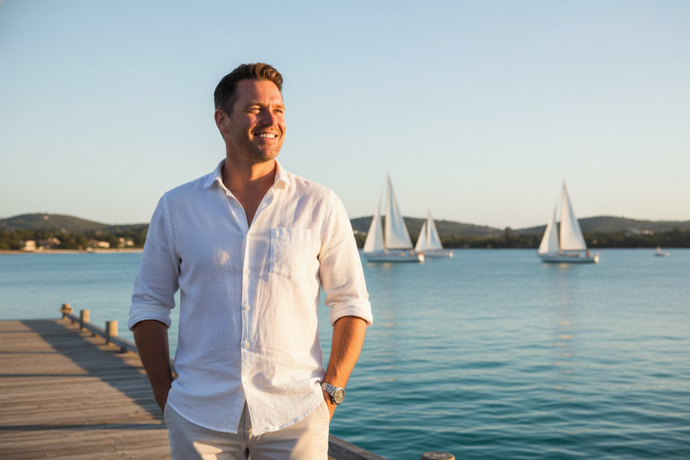 Man in a white shirt standing on a dock with sailboats in the background